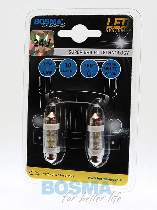 2x Festoon Bulbs SV8.5 6X SMD LED 10X36mm WHITE 24V