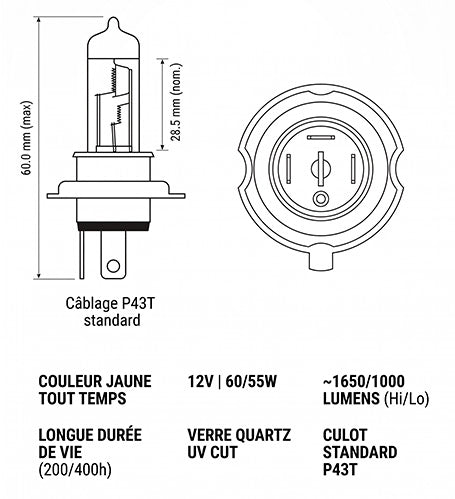Fiche technique ampoule H4 P43t jaune 501206GK
