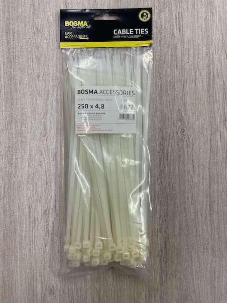 100x Cable ties 4.8mm x 250mm WHITE plastic